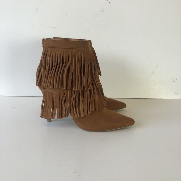 Nine West Brown Suede Western Booties Fringe Ankle Faux Suede Pointed Toe Size 6 - Picture 5 of 13
